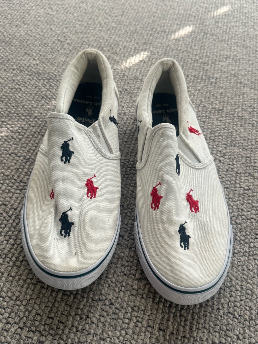 Polo by Ralph Lauren White Canvas Slip-On Flats with Red & Navy Pony Embroidery